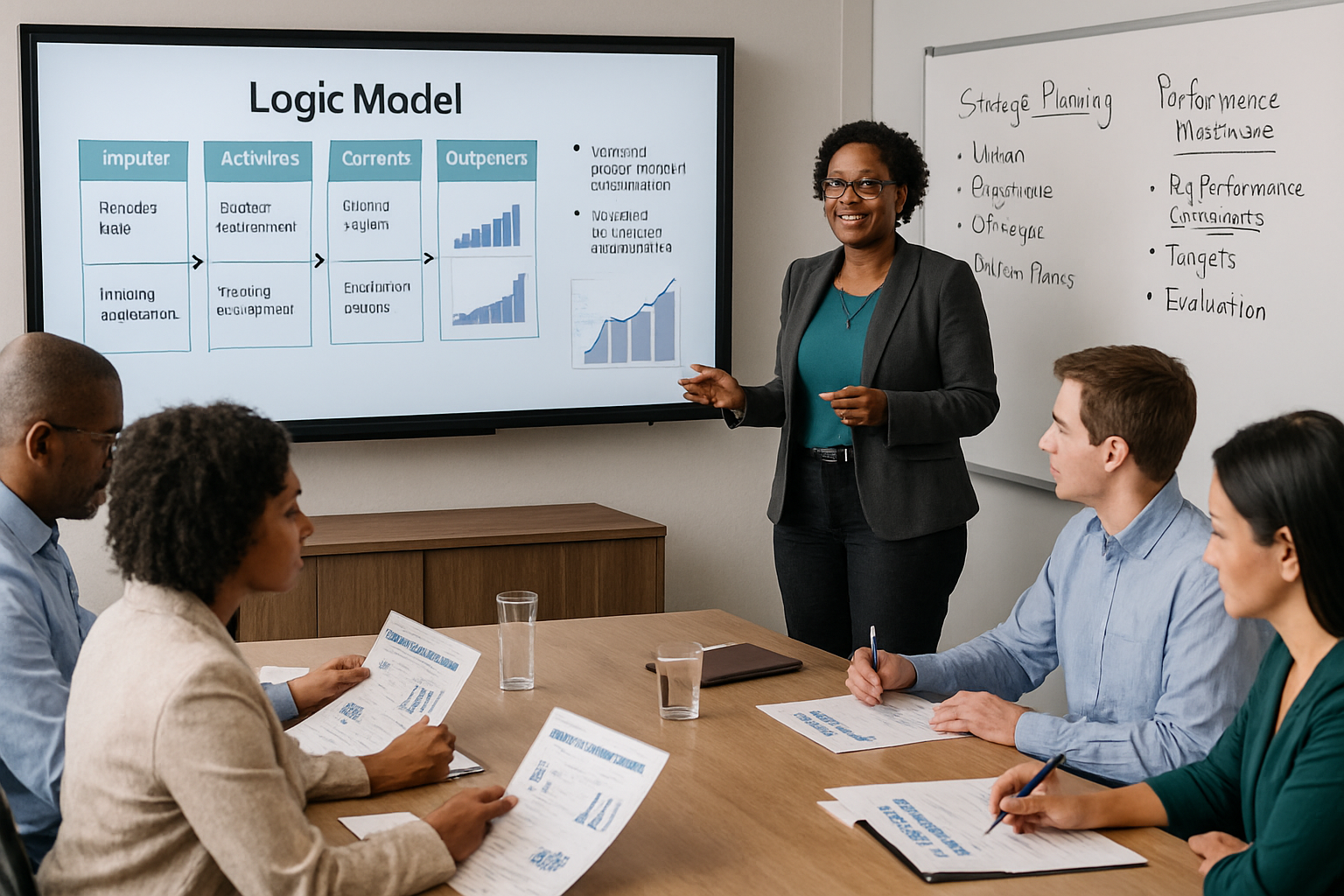 A professional training session in a modern conference room, featuring a diverse group of public sector professionals engaged in discussion. A large s